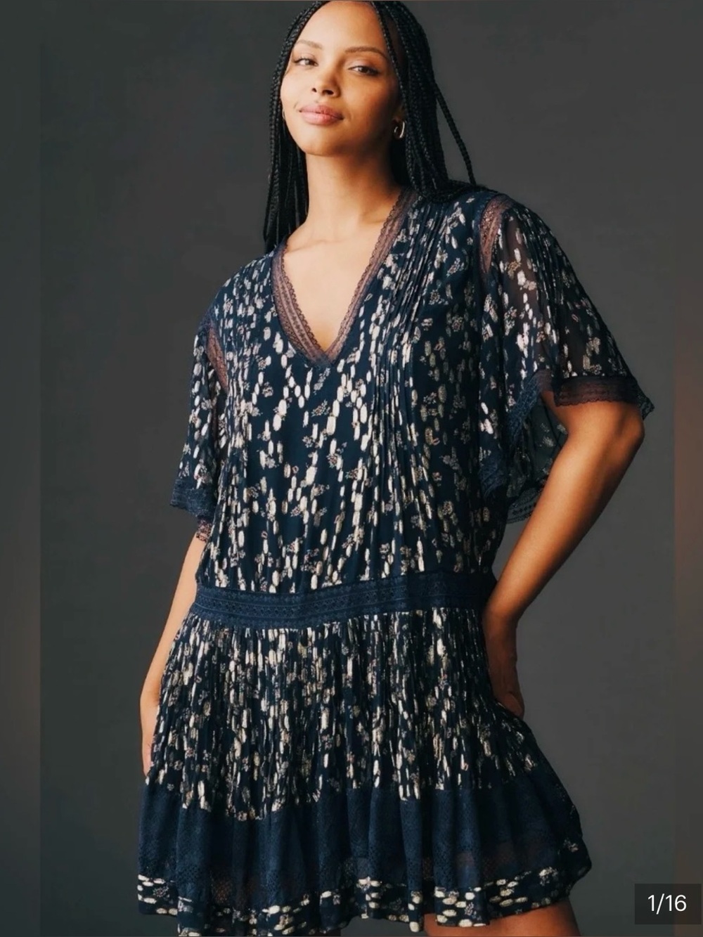 Anthropologie Maeve Shimmery Tiered V-Neck Mini Dress Navy size XL